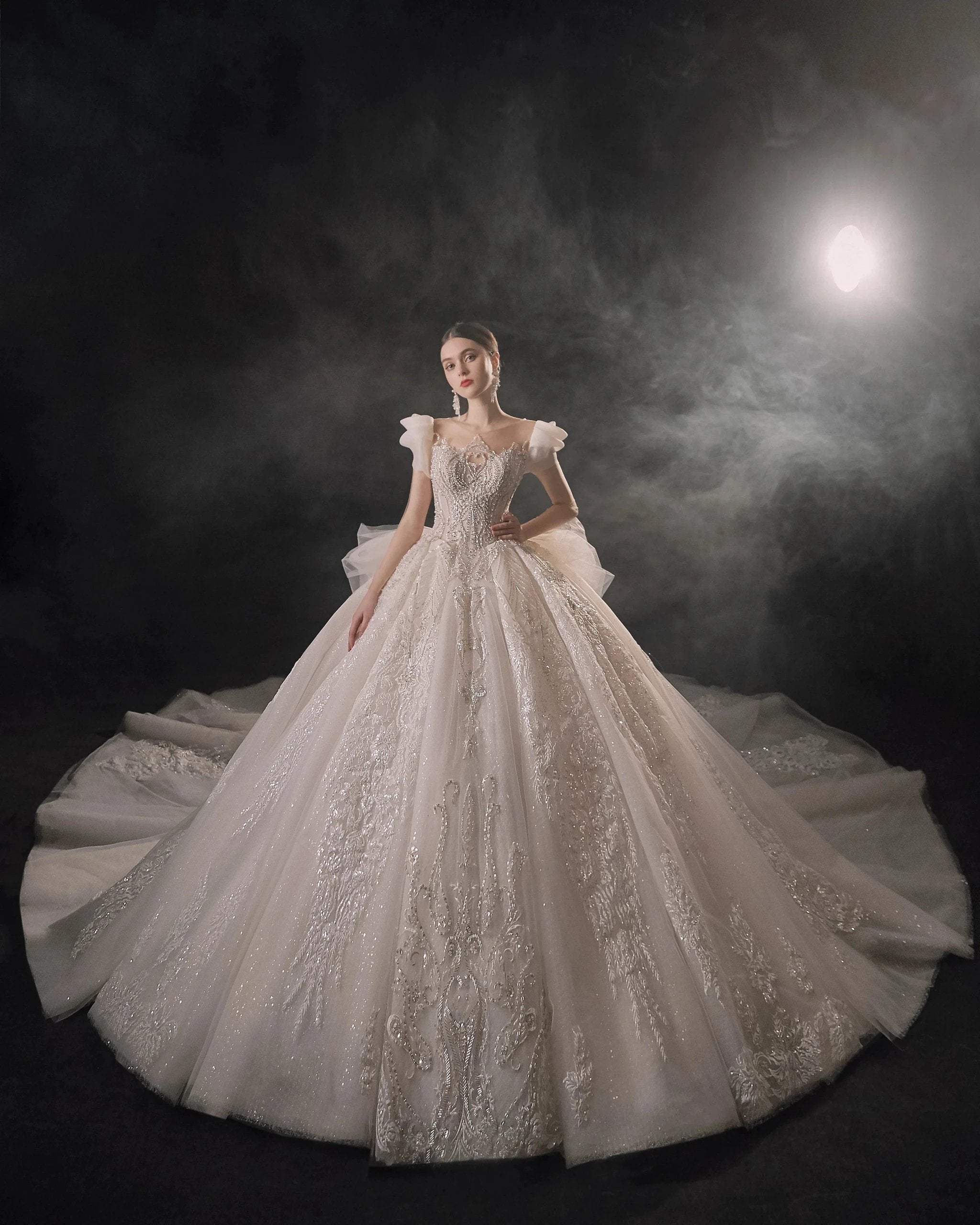 Gorgeous Puff-Sleeve Ball Gown Sweetheart Neckline Beaded Lace Wedding Dress with Ruffled Train E-309 (ZD16890)