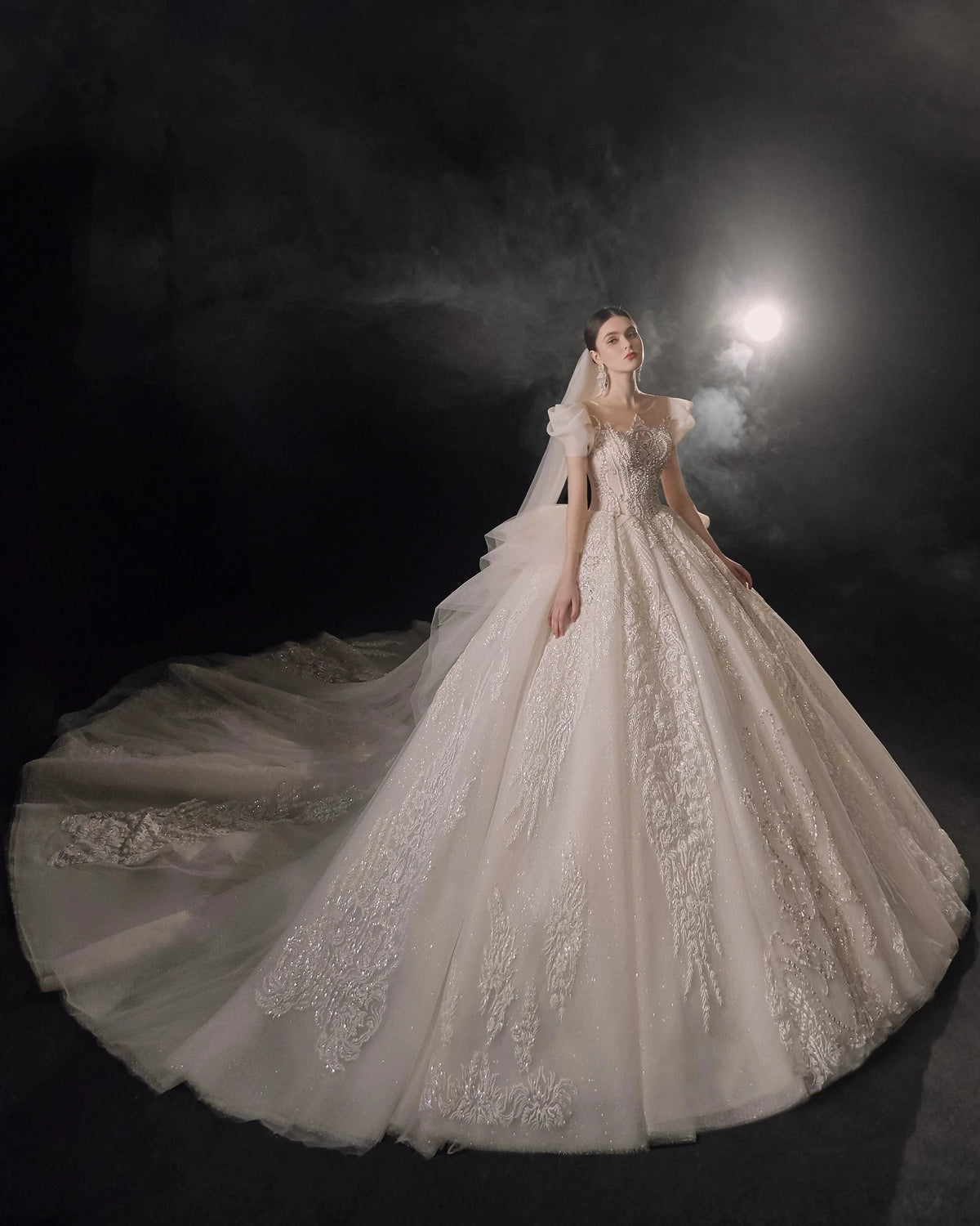 Gorgeous Puff-Sleeve Ball Gown Sweetheart Neckline Beaded Lace Wedding Dress with Ruffled Train E-309 (ZD16890)