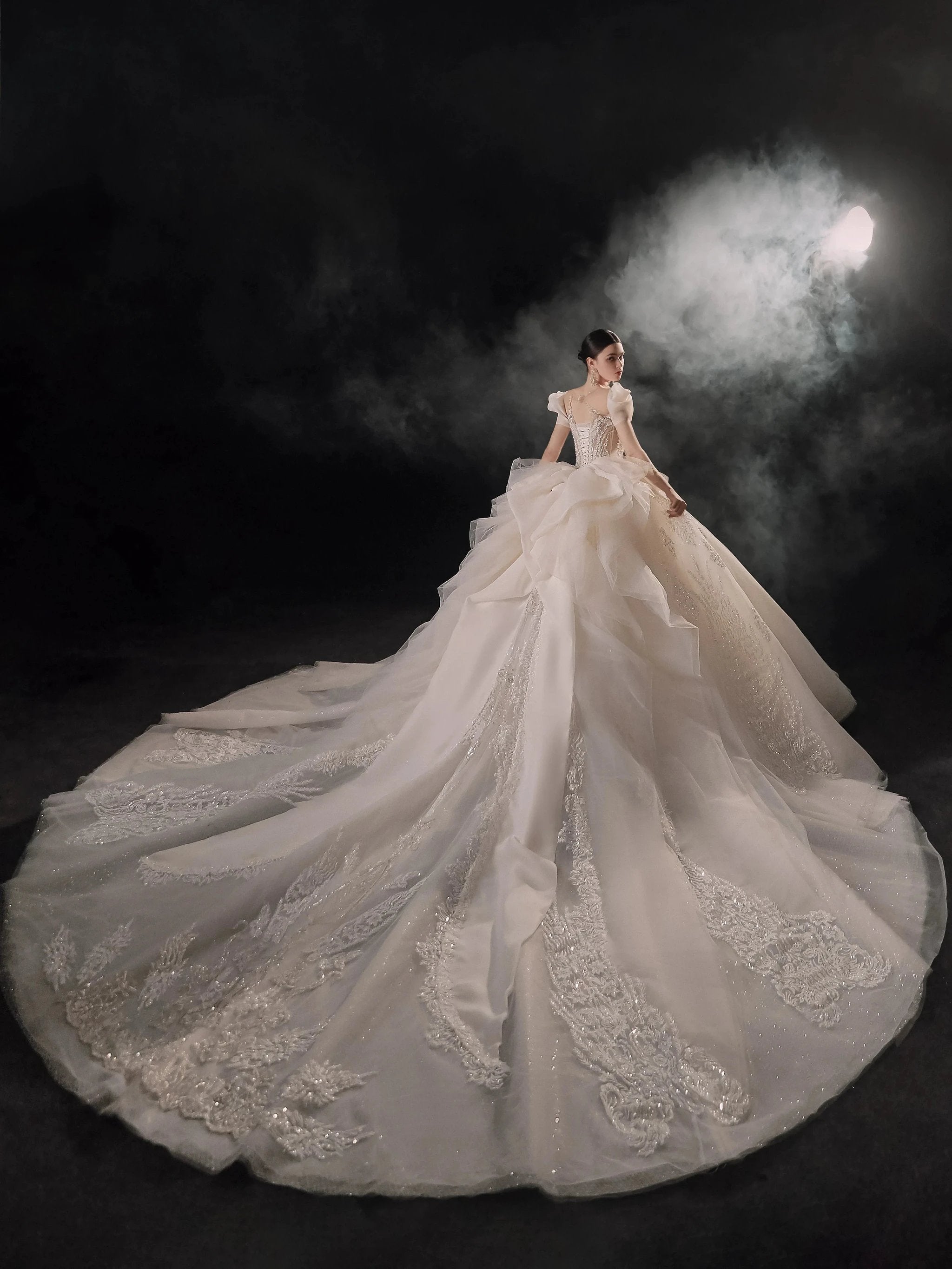 Gorgeous Puff-Sleeve Ball Gown Sweetheart Neckline Beaded Lace Wedding Dress with Ruffled Train E-309 (ZD16890)