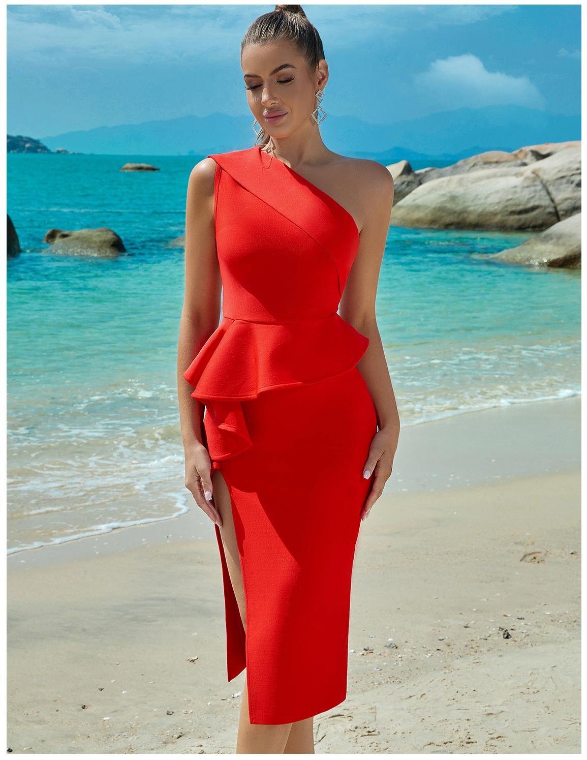 Bandage Dress Evening Dress - One Shoulder Ruffled Slit Party Dress for Summer - View 5 | VelvetHem