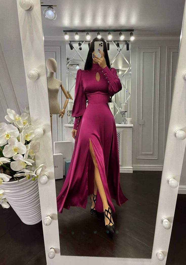 A-line Puff Sleeves Long Evening Dress With Split Y7015 - View 2 | VelvetHem