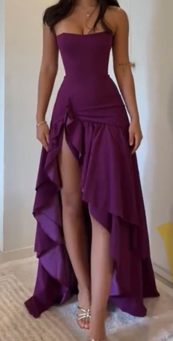 Strapless Purple A-Line Ruffle Long Prom Dress Slit Chiffon Graduation Dress