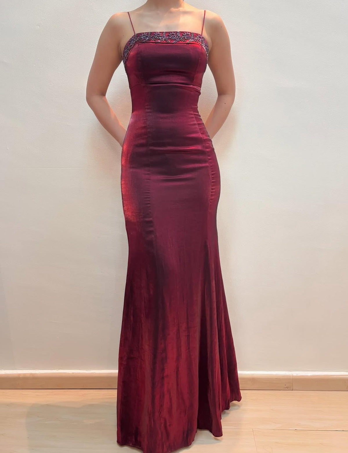 Spaghetti Straps Burgundy Long Prom Dress Beaded Vintage Dress
