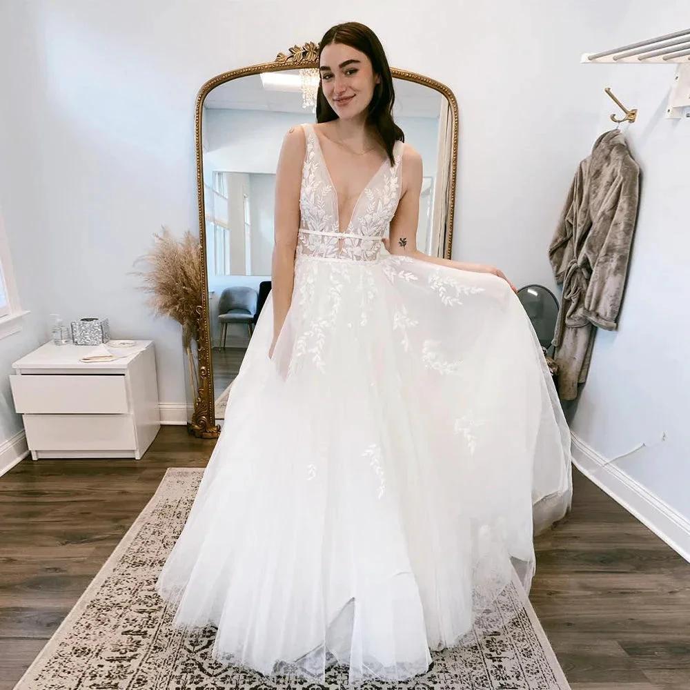 Pastrol  Wedding Dresses V-neck Backless Tulle For Women 2023 Bride A-LINE Appliques Vestidos De Novia Made To Order (ZD13385)