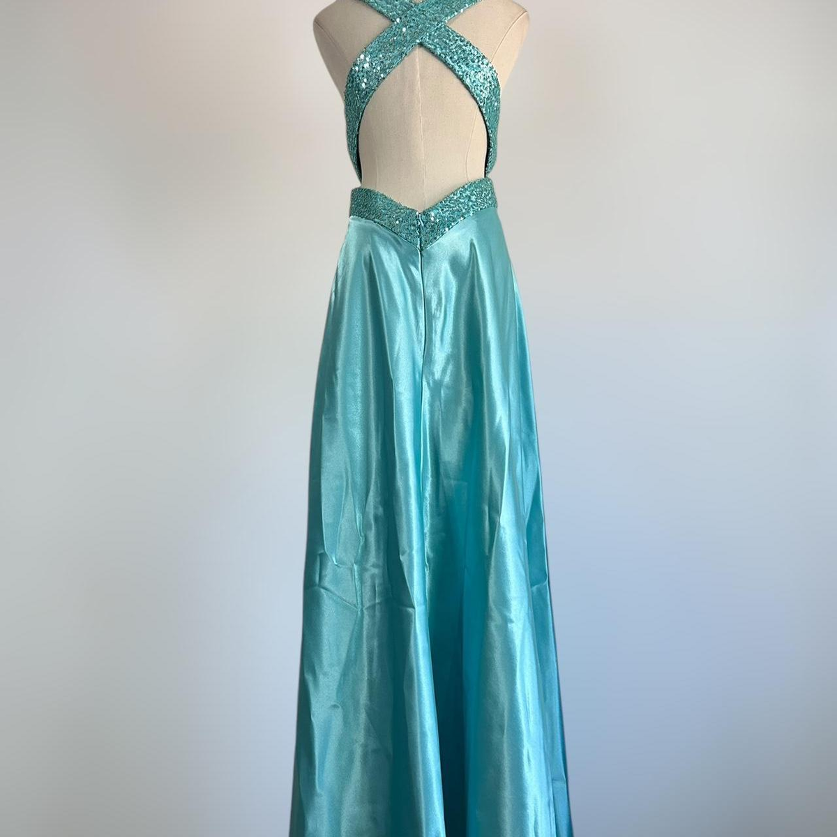 Blue V Neck Satin Sequin Formal Prom Dress Backless Evening Dress Y8548 - View 6 | VelvetHem