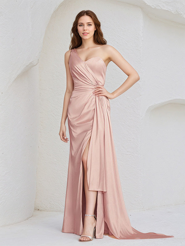 Dusty Rose Satin Sheath/Column One Shoulder Floor Length Sleeveless Bridesmaid Dress