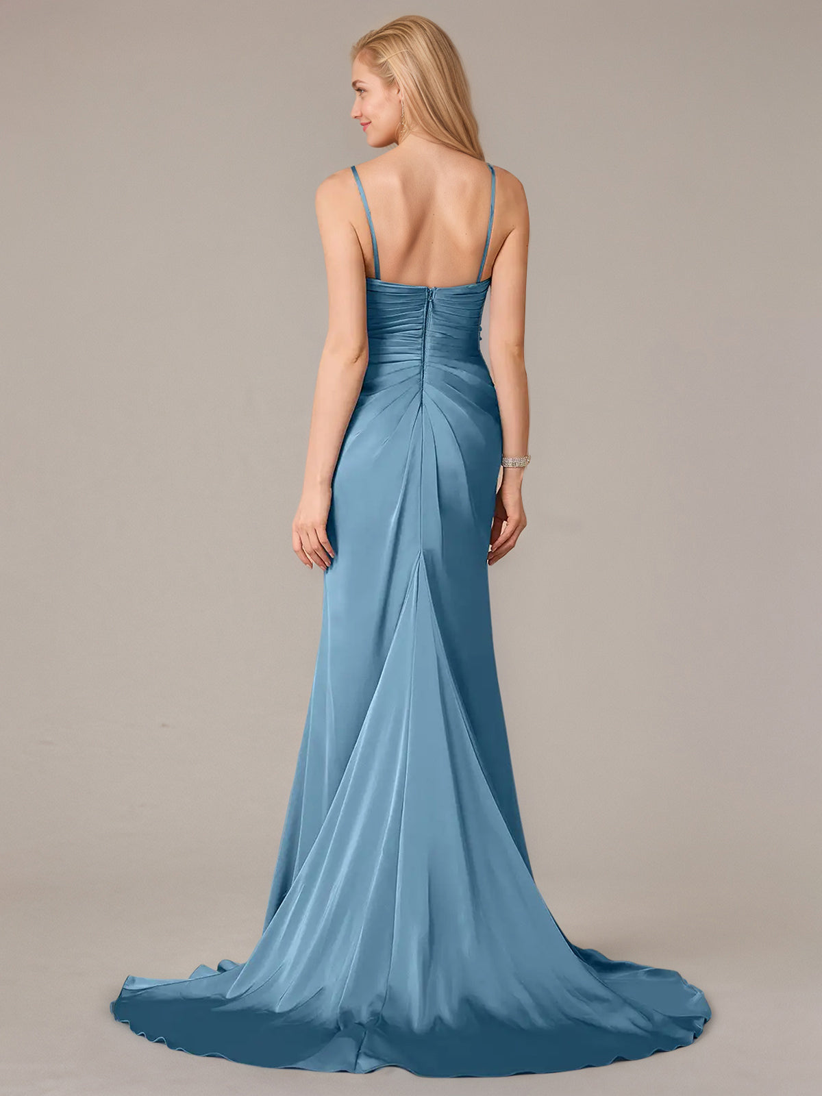 Steel Blue Sheath/Column Satin Spaghetti Straps Sleeveless Floor Length Dresses