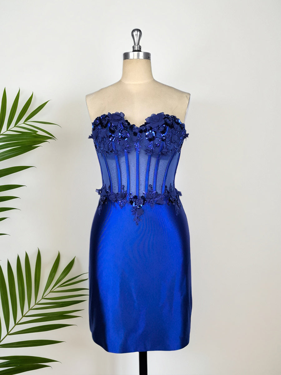 Bodycon Strapless Satin Short Homecoming Dress with Appliqeus - FashionDia