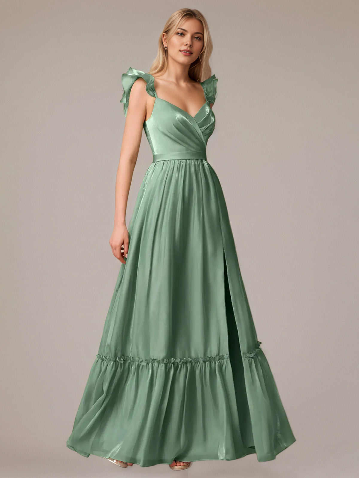 Green A Line V Neck Sleeveless Floor Length Dresses With Ruffles