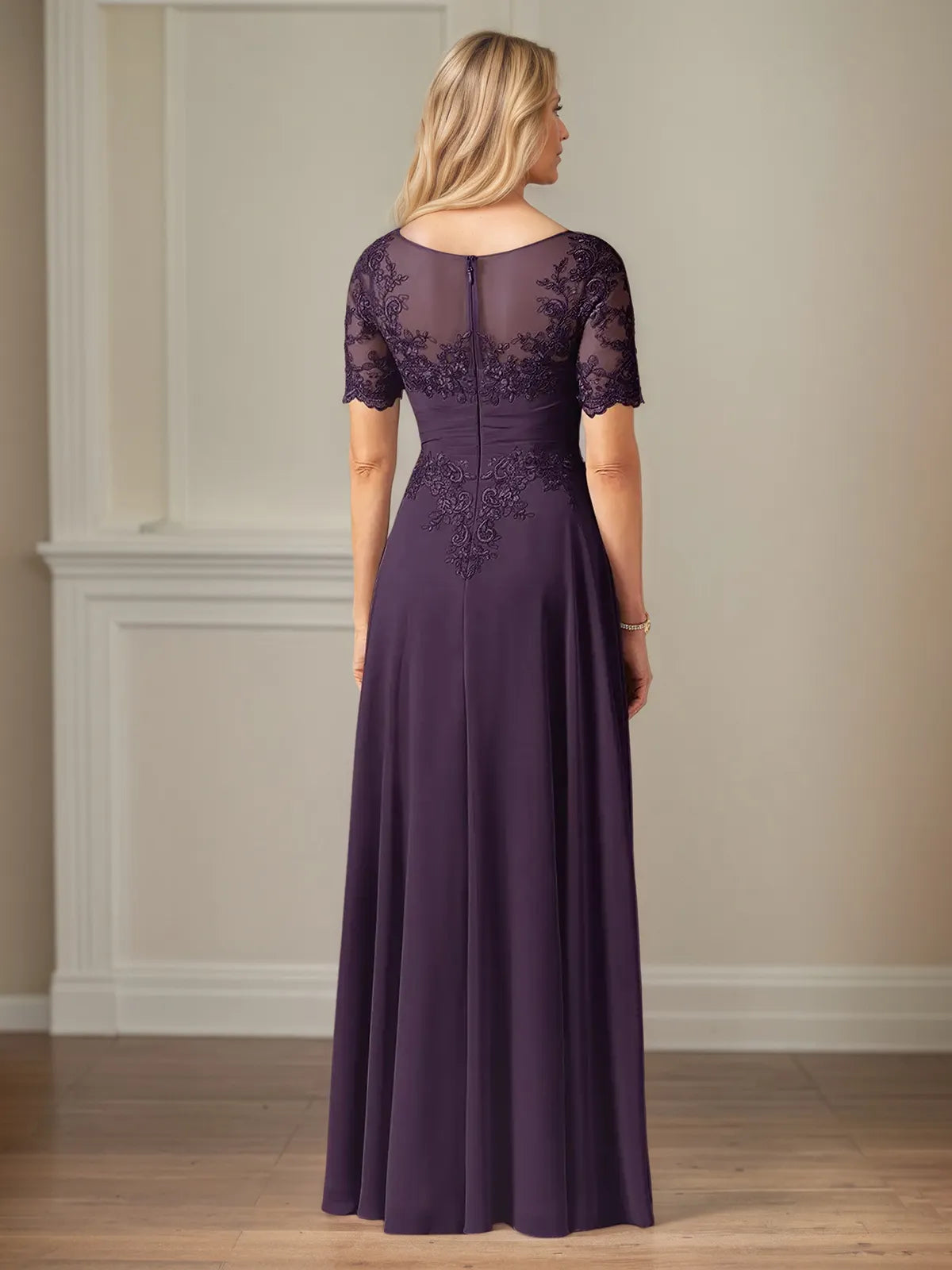 A Line Chiffon Scoop Neck Short Sleeves Floor Length Dress