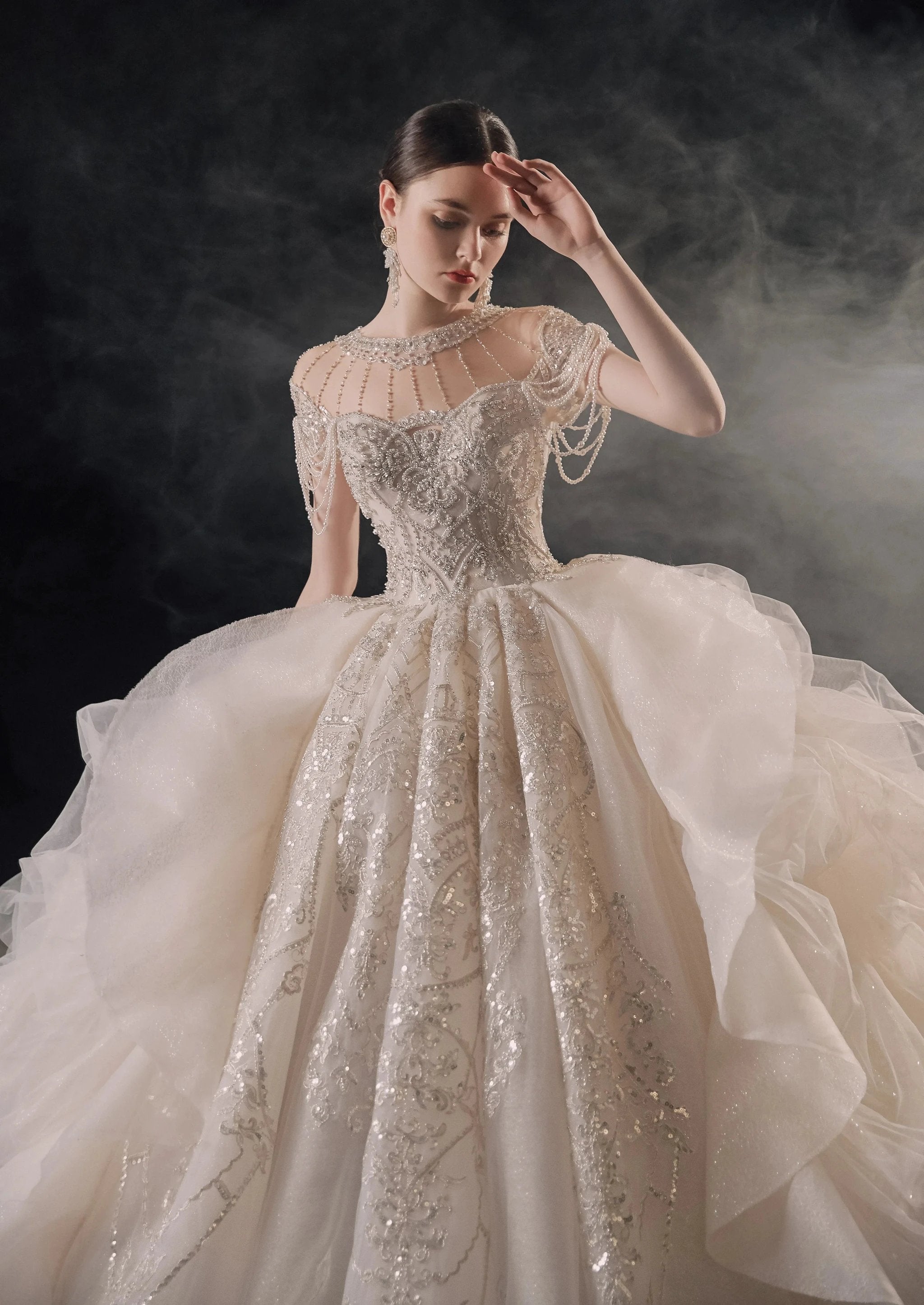 Glamorous Illusion Neckline Ball Gown Beaded Lace Fringe Trim Ruffled Train Wedding Dress E-307 by ZAPDRESS