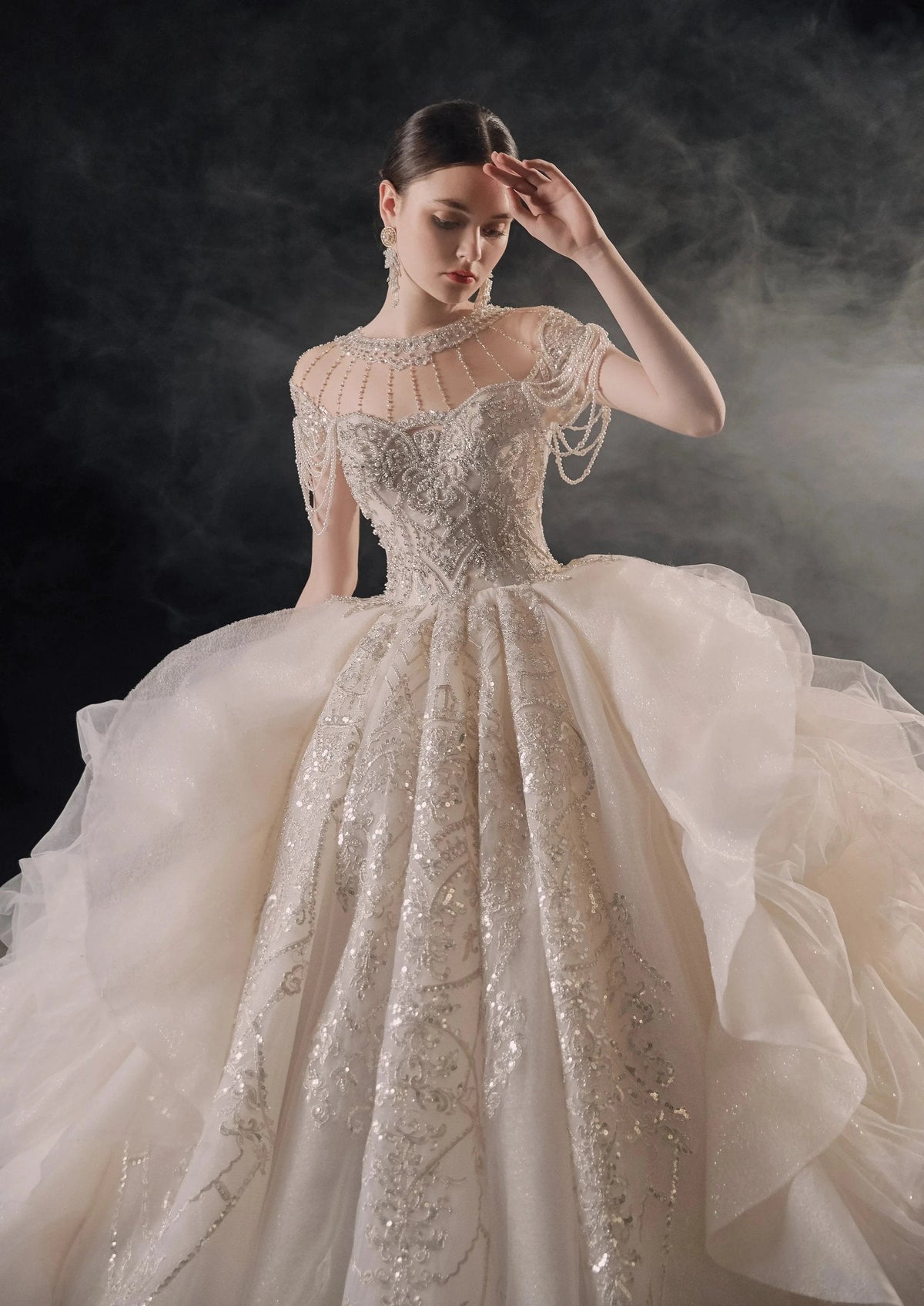 Glamorous Illusion Neckline Ball Gown Beaded Lace Fringe Trim Ruffled Train Wedding Dress E-307 (ZD16891) - VelvetHem
