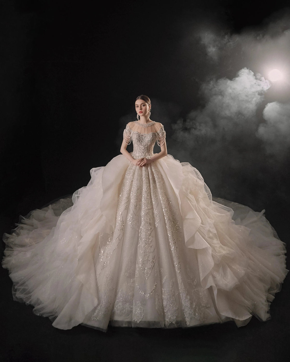 Glamorous Illusion Neckline Ball Gown Beaded Lace Fringe Trim Ruffled Train Wedding Dress E-307 (ZD16891)