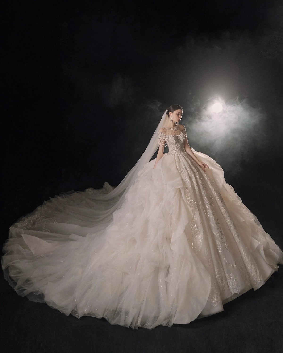 Glamorous Illusion Neckline Ball Gown Beaded Lace Fringe Trim Ruffled Train Wedding Dress E-307 (ZD16891)