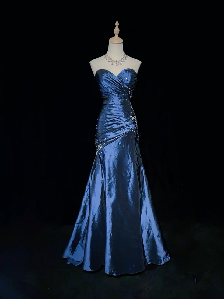 Luxury Blue Strapless Satin Beaded Prom Dress,Mermaid Party Evening Gown