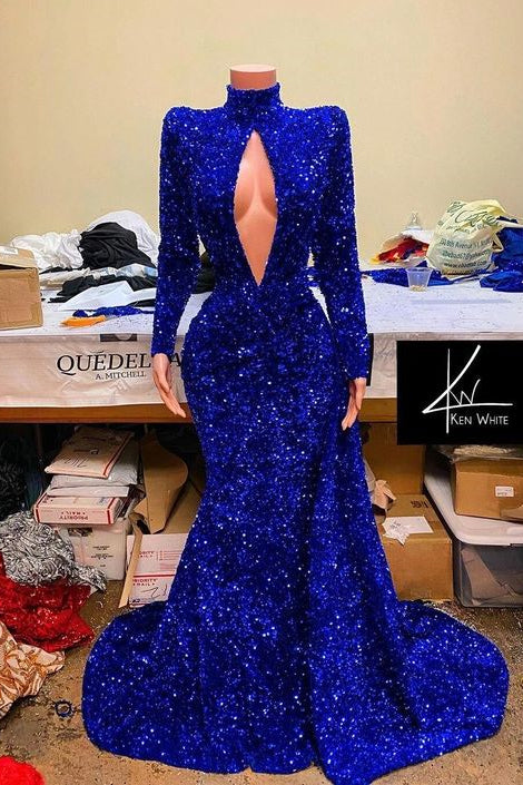 Regal Sapphire Sequined Mermaid Prom Dress with High Neck and Long Sleeves - VelvetHem