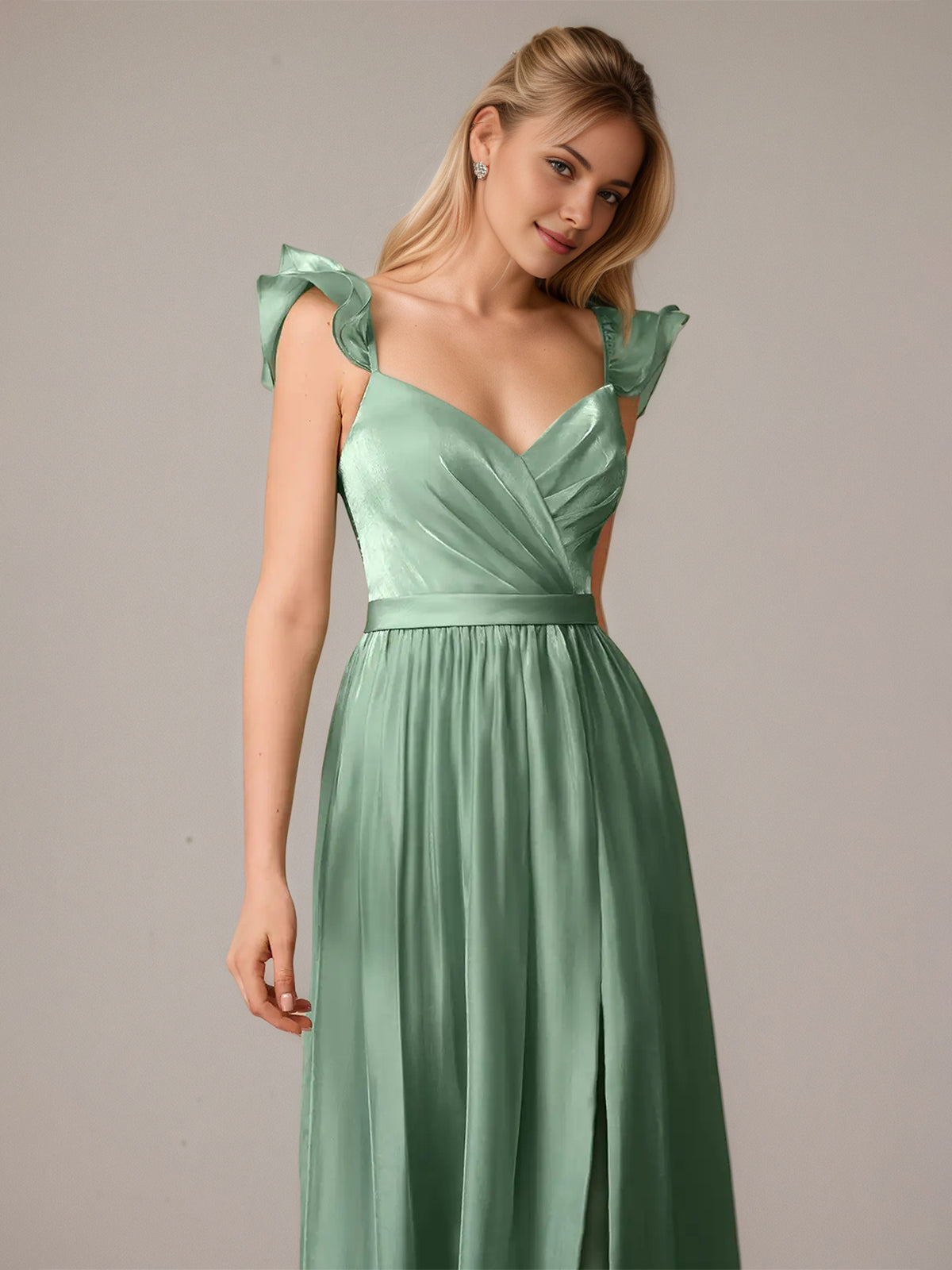 Green A Line V Neck Sleeveless Floor Length Dresses With Ruffles