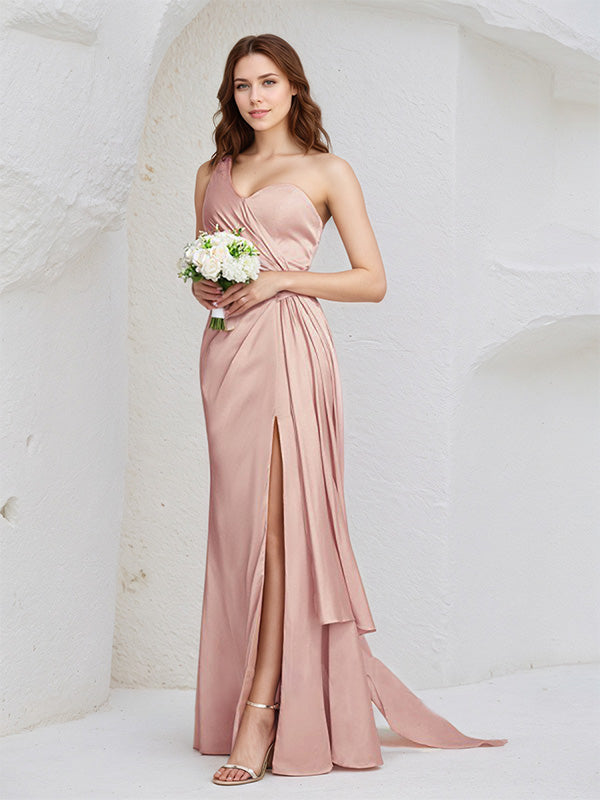 Dusty Rose Satin Sheath/Column One Shoulder Floor Length Sleeveless Bridesmaid Dress