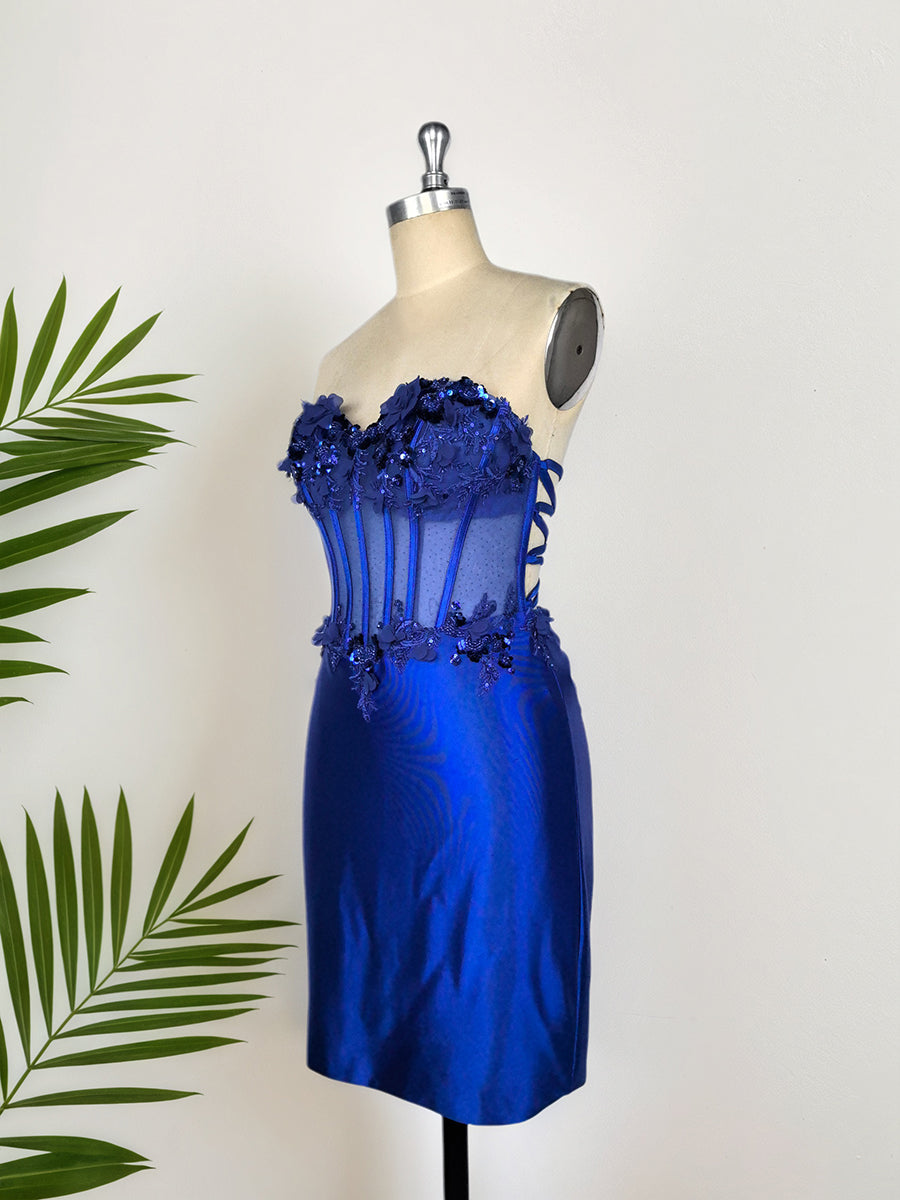 Bodycon Strapless Satin Short Homecoming Dress with Appliqeus - View 3 | FashionDia