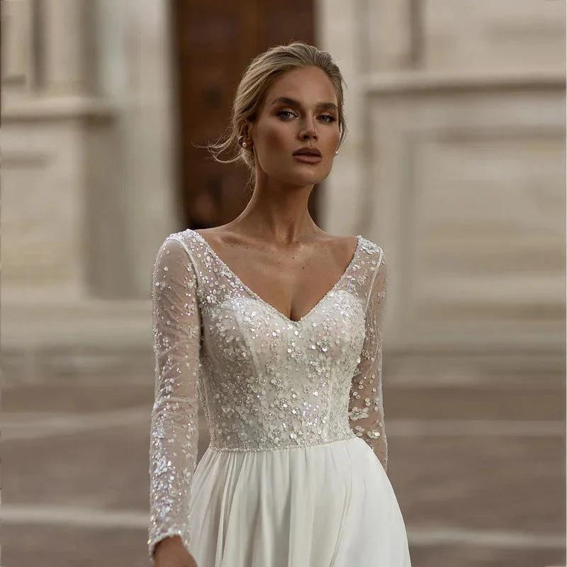 Modern Long Sleeve Wedding Dresses Simple Chiffon Lace Sequined Bridal Gowns Charming Backless A-Line vestidos de noiva (ZD13380)
