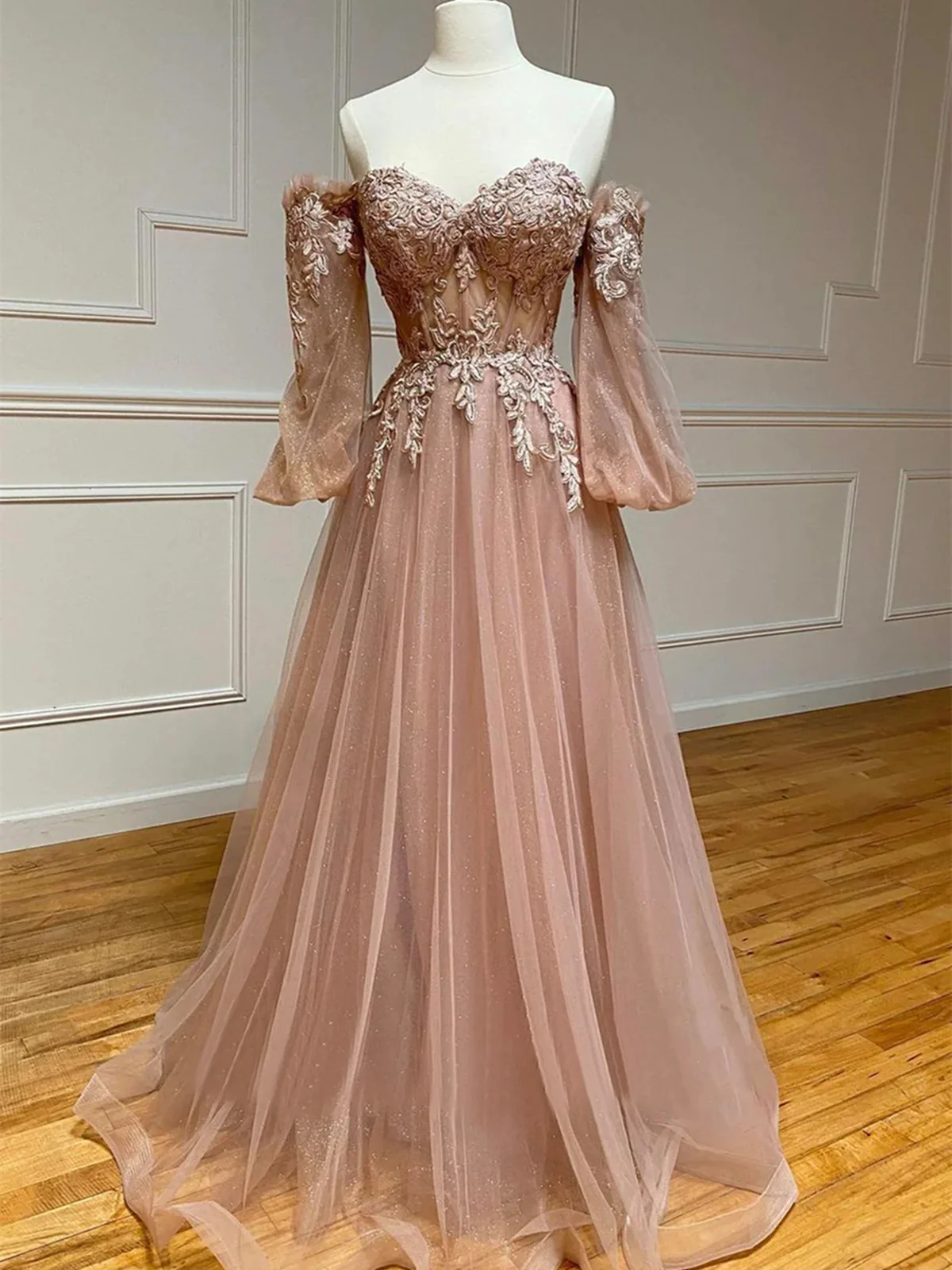 A-Line Pink Sweetheart Prom Dress Party Dress, Off-the-Shoulder Long Party Dress - FashionDia