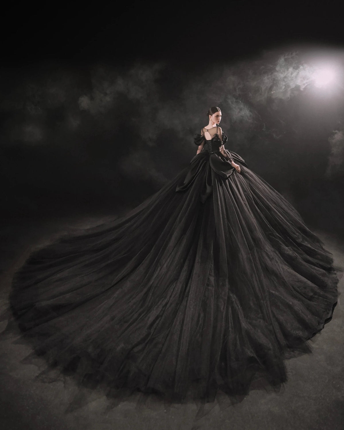Dramatic Black Ball Gown Illusion Neckline Satin Puff Sleeve Beaded Lace Wedding Dress with Oversized Train E-305 (ZD16893)