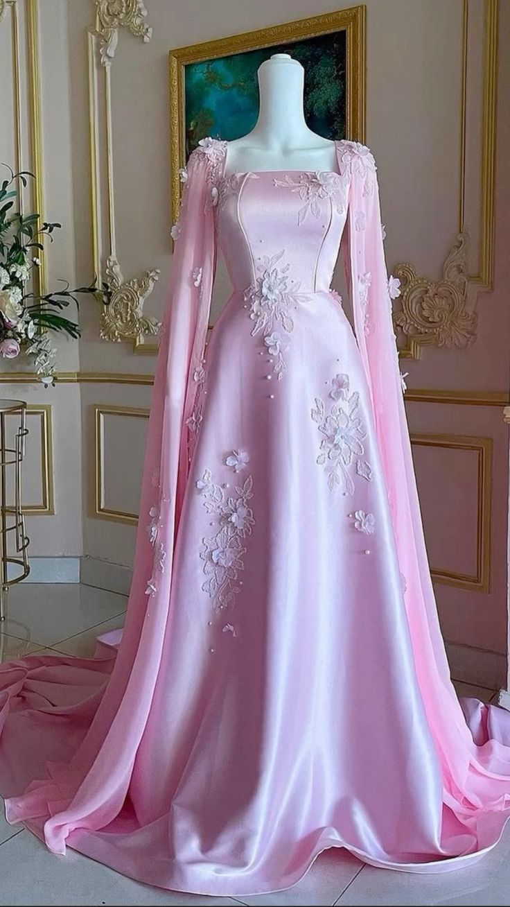 Luxurious Pink Satin Appliques Long A Line Evening Dress Formal Prom Dress With Cape