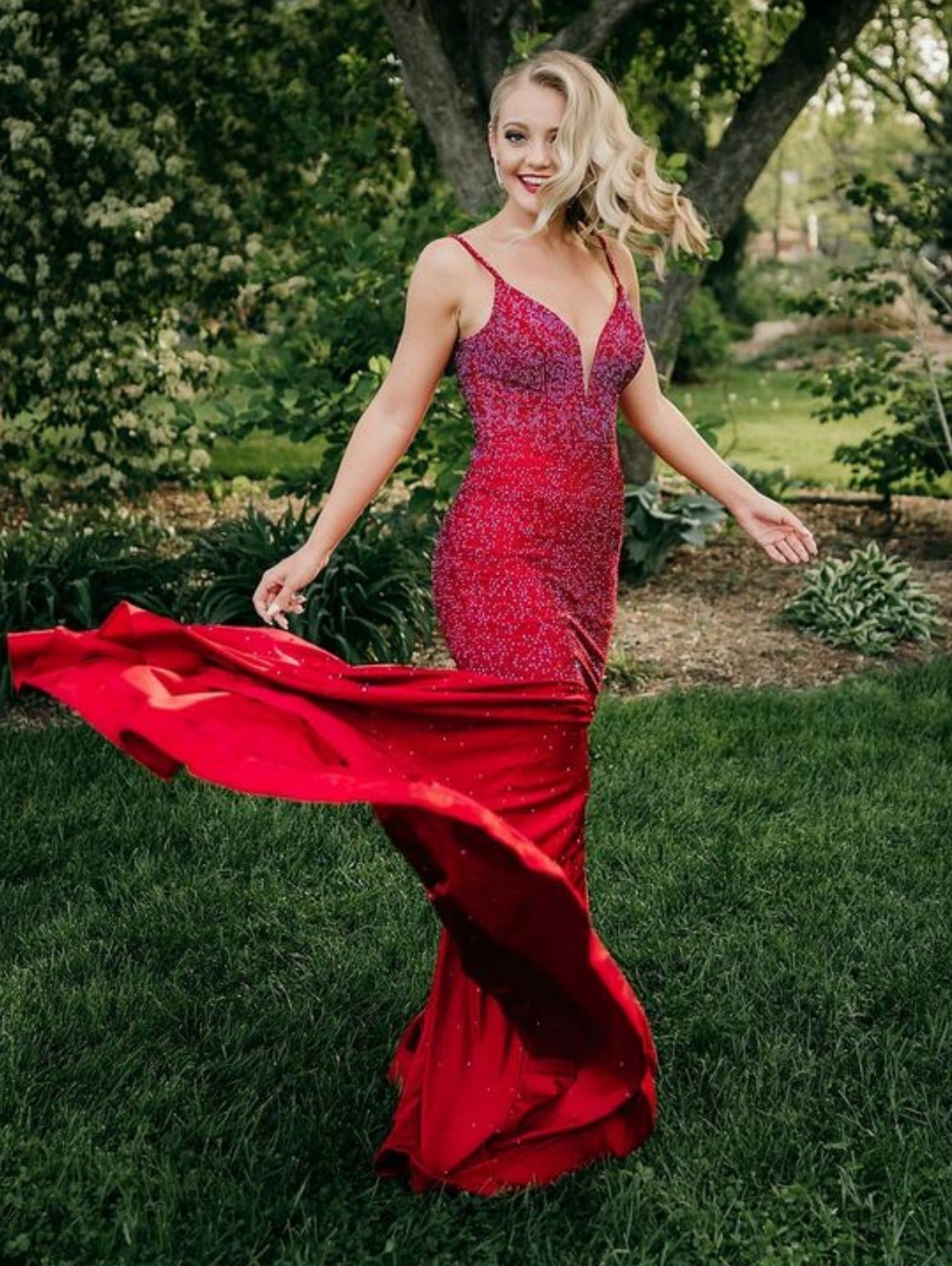 V Neck Glitter Mermaid Red Backless Prom Dress - Fashionpara