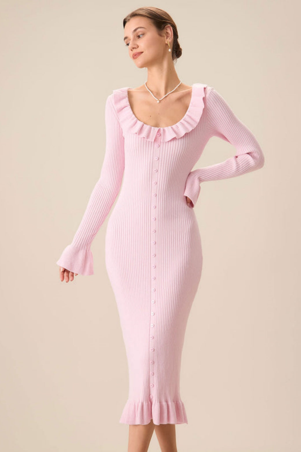 Valerie U Neck Ruffle Midi Knit Dress