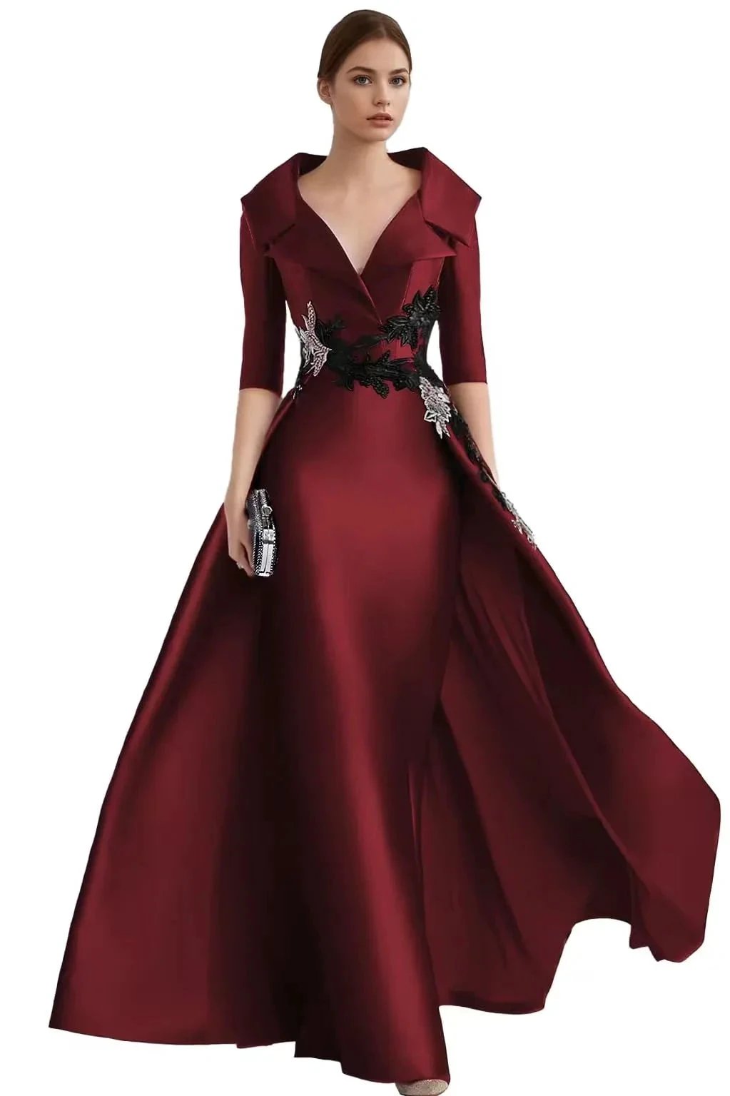 Wine red satin large collar dress (ZD16765)