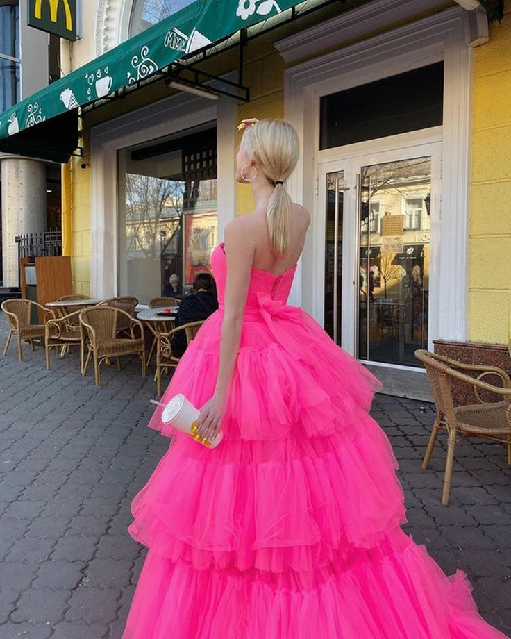Hot Pink High Low Tulle Long Prom Dresses, Hot Pink High Low Formal Graduation Dresses