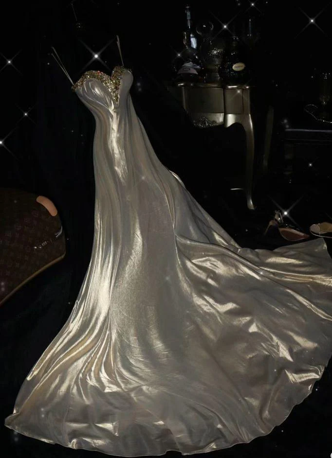 A Line Spaghetti Straps Satin Beaded Long Prom Dress,Formal Evening Dress