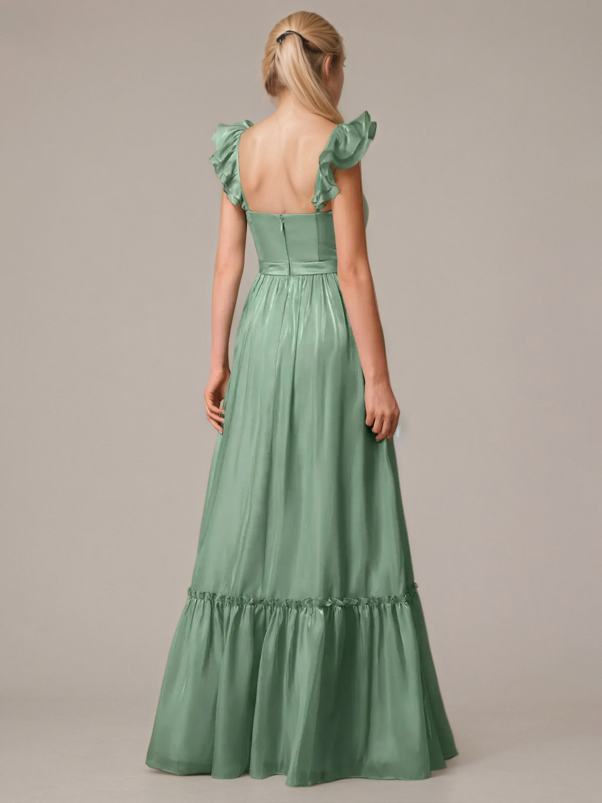 Green A Line V Neck Sleeveless Floor Length Dresses With Ruffles