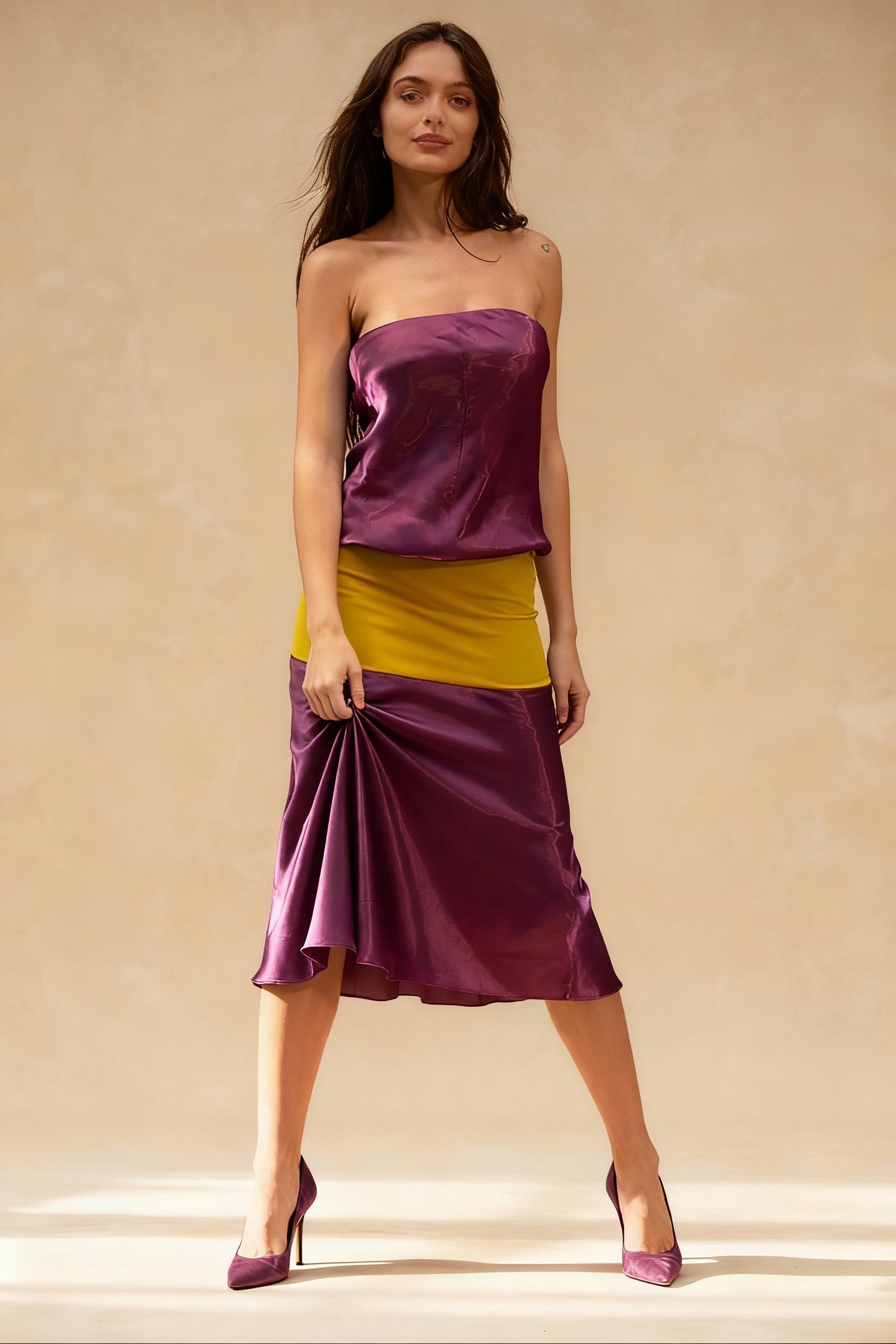 Strapless Contrast Satin Midi Dress