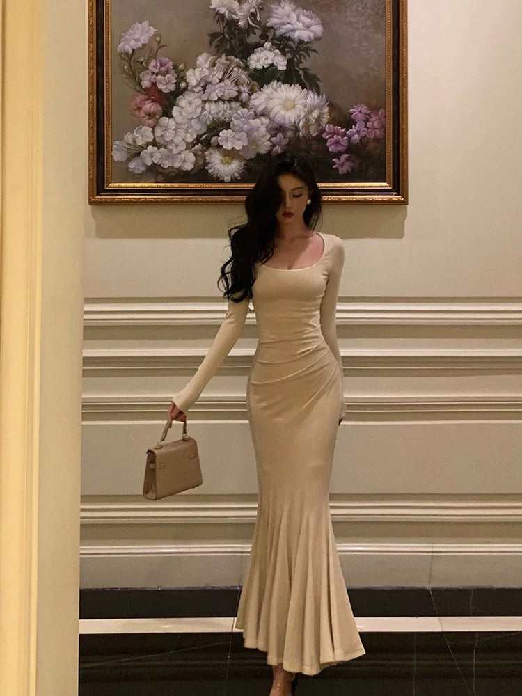 Chic Mermaid Square Neckline Long Sleeves White Long Prom Dresses Birthday Dress