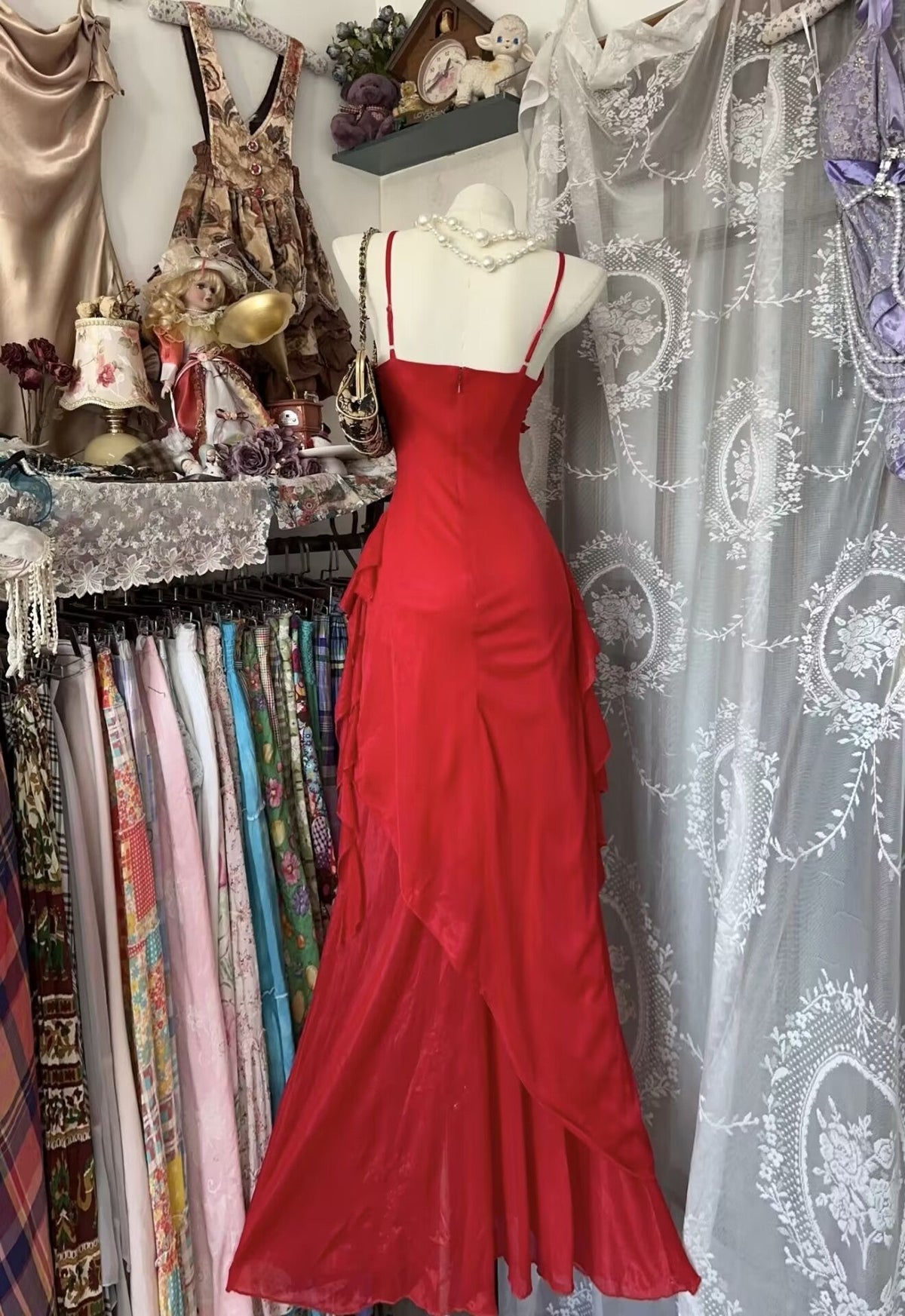 Spaghetti Straps Red Mermaid Long Prom Dress Ruffle Vintage Evening Dress