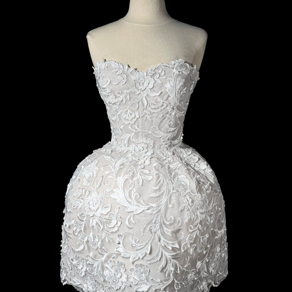Classy Strapless White Lace Appliques Short Birthday Dress Formal Homecoming Dress - FashionDia