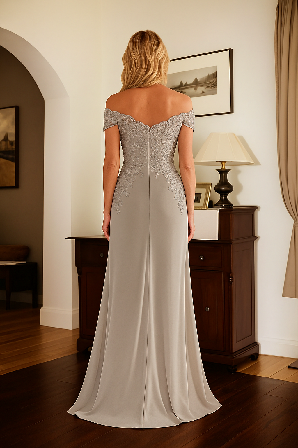 Elegant Taupe Off The Shoulder Sheath Mother of the Bride Dress with Lace