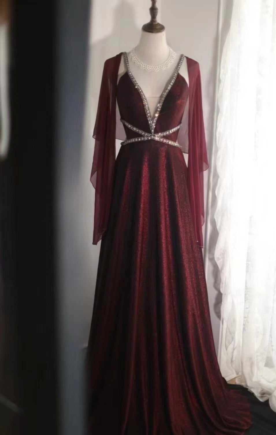 Backless Burgundy Long Prom Dress Sexy Evening Dress Graduation Dress