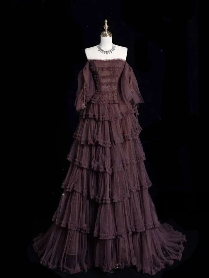 Chic Ball Gown Off-the-Shoulder Long Sleeves Evening Dress Tulle Long Prom Dresses - FashionDia