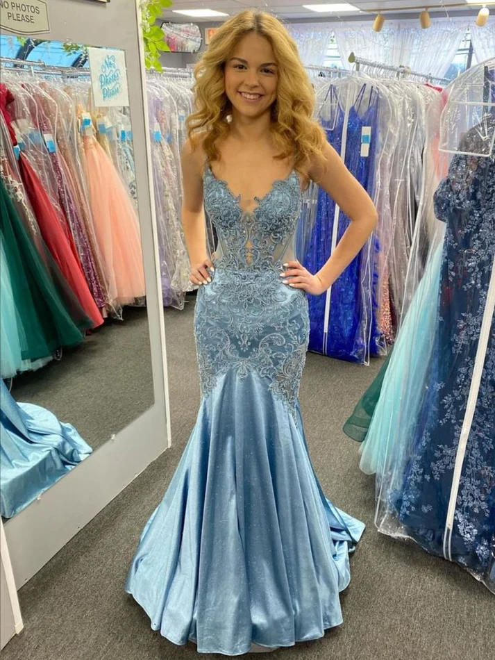 Appliqued Mermaid Light Blue Lace Spaghetti Straps Pageant Formal Prom Dresses
