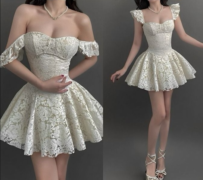 A-Line White Lace Off-the-Shoulder Short Evening Dress Cocktail Dresses Short Party Dress - FashionDia