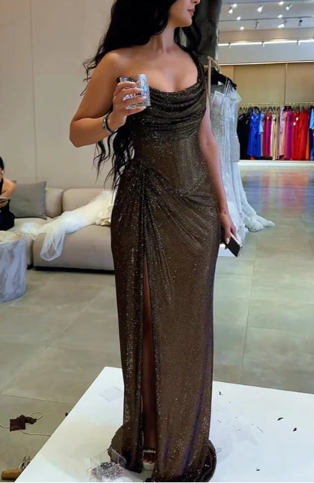Black One Shoulder Tulle Sequin Side Slit Long Prom Dress Evening Dress Y8423 - VelvetHem