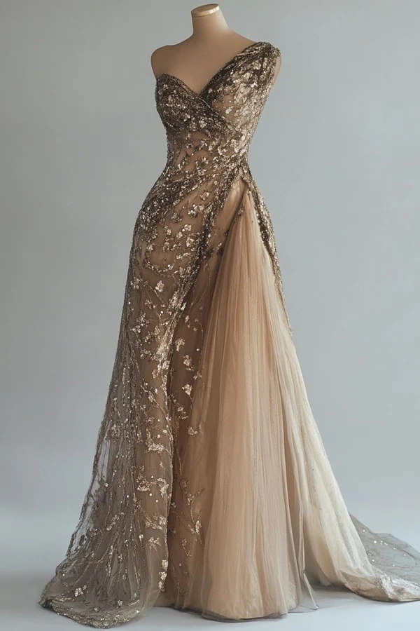 Vintage One Shoulder Champagne Sequins Tulle Long Prom Dress Evening Dress