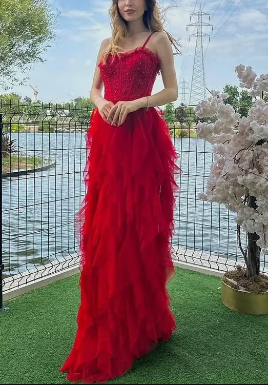 Charming Spaghetti Straps Red Ruffles Tulle Beaded Formal Prom Dress Long Evening Dress