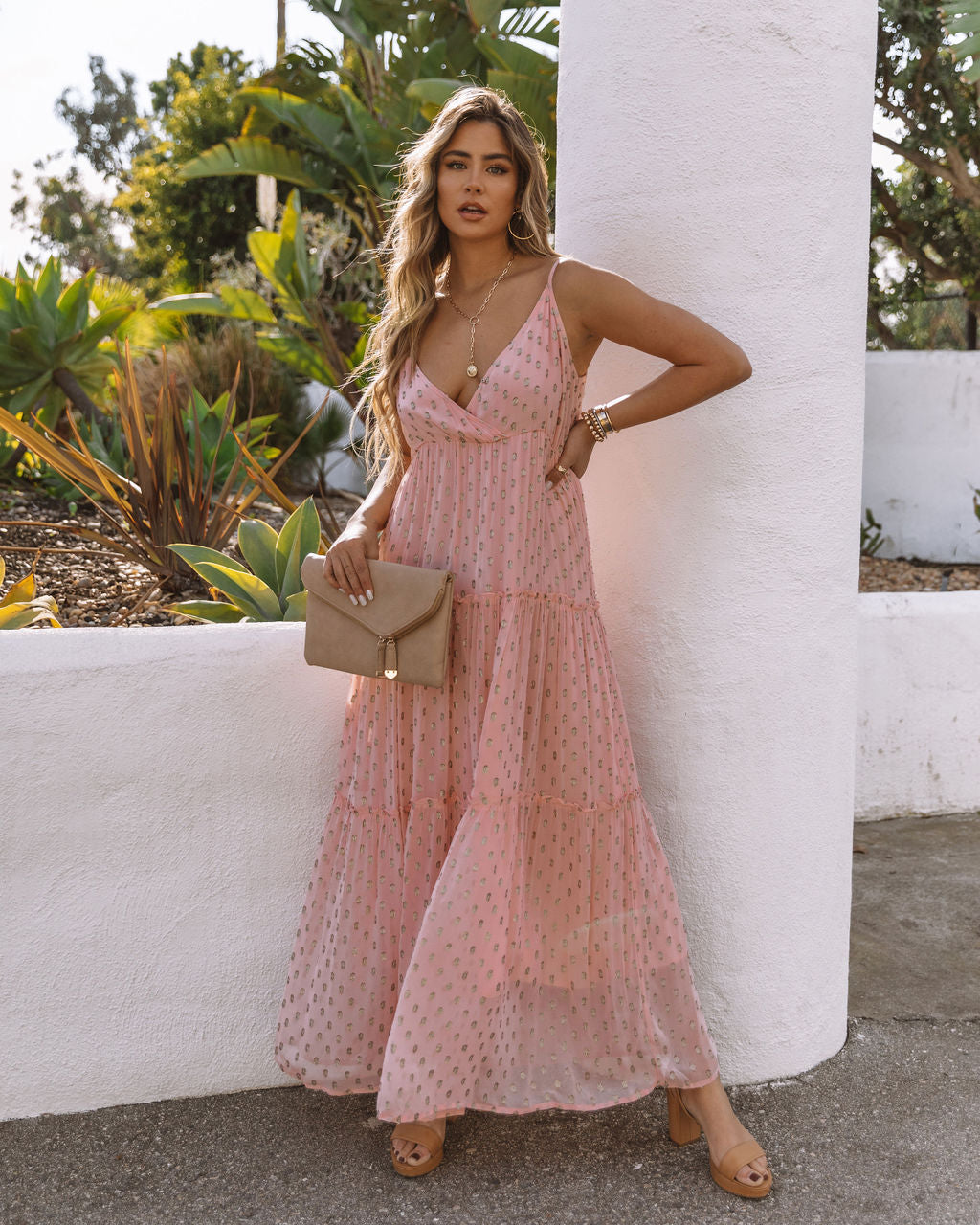 Fathoms Below Adjustable Metallic Tiered Maxi Dress Rose FINAL