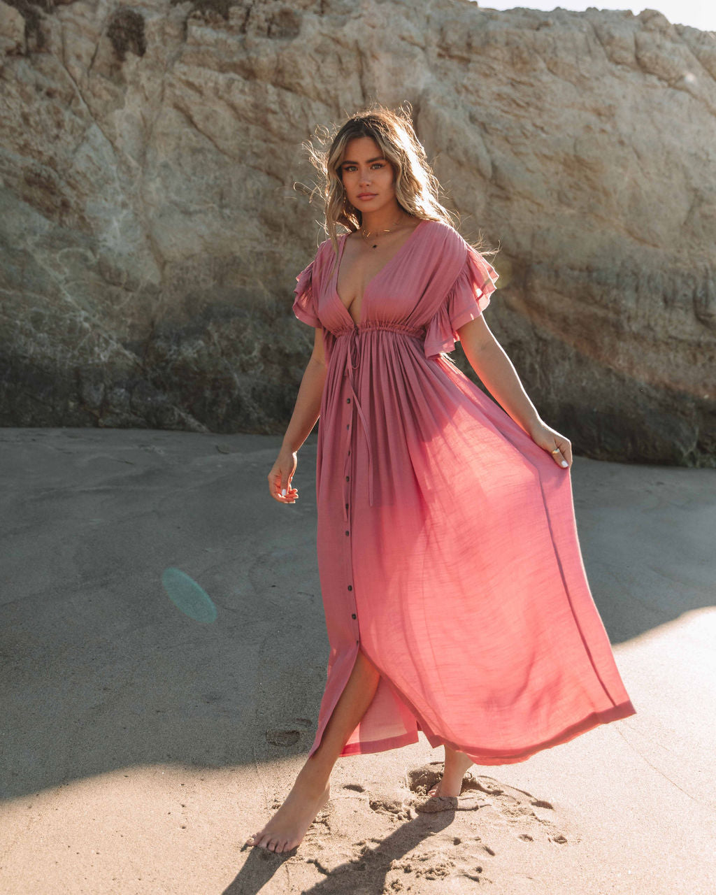 Anika Pocketed Button Down Ruffle Maxi Dress Desert Rose