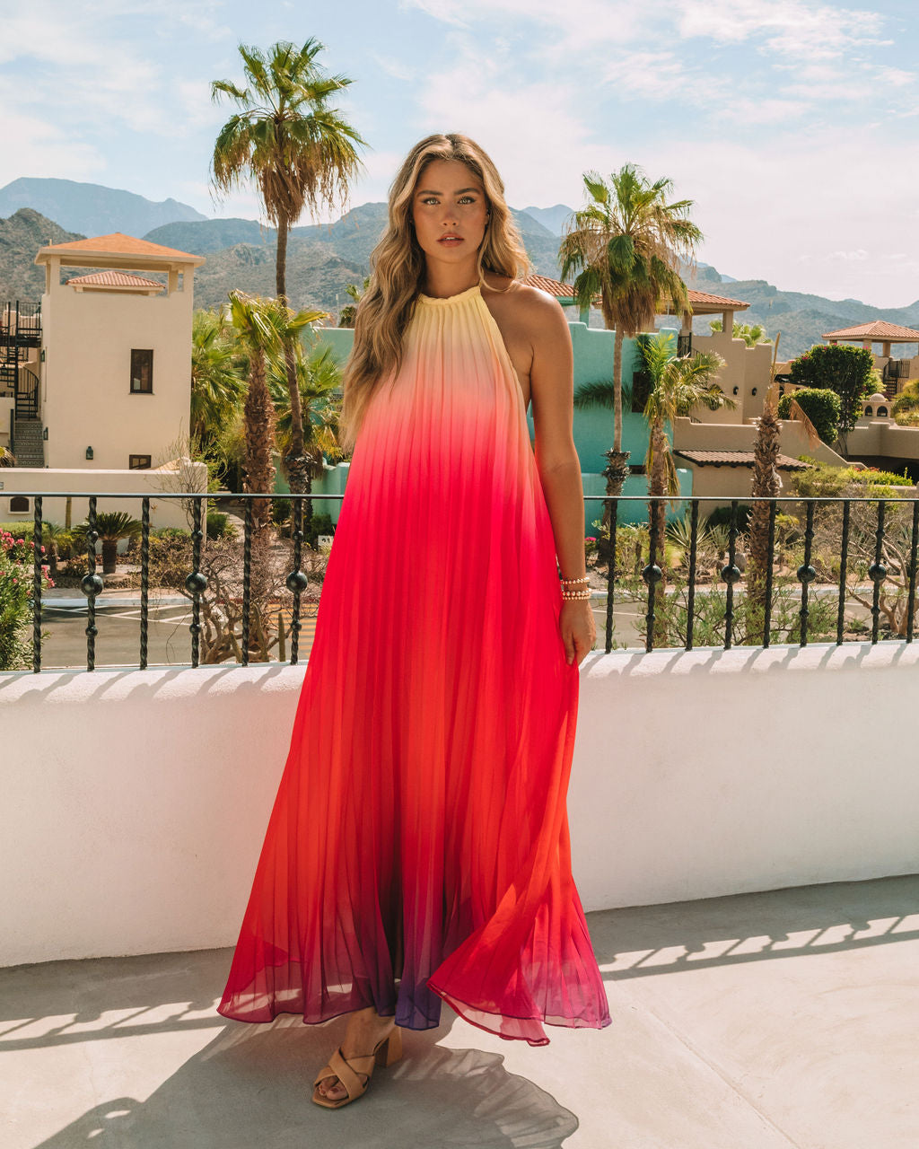 Mykonos Pleated Ombre Halter Maxi Dress Pink Red