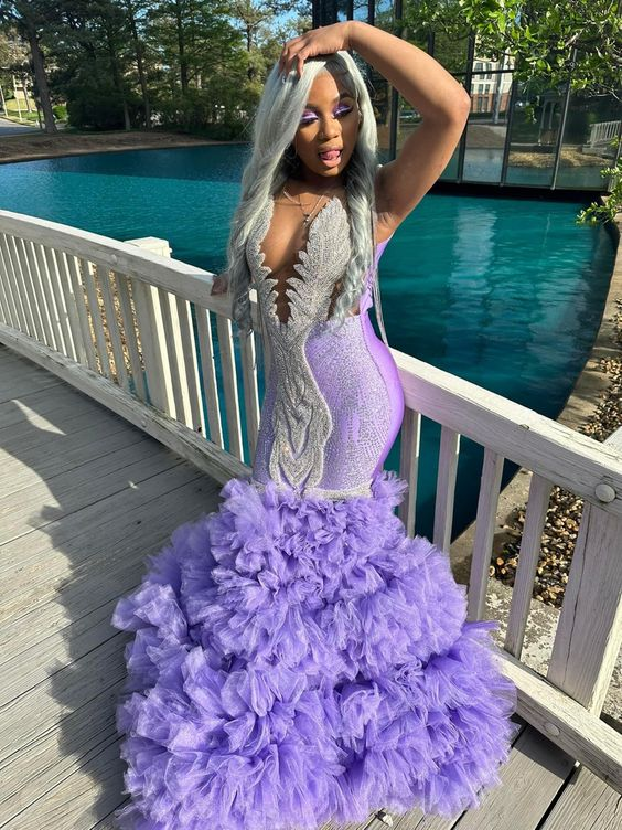 Glamorous Purple Floor Length Sleeveless Mermaid Prom Dress