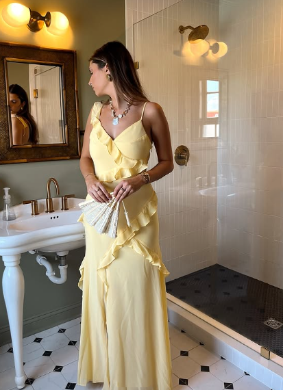 Elegant Yellow Spaghetti Straps Ruffle Slit Prom Dress,Long Party Evening Dress